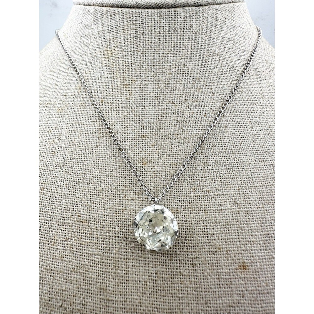 Vintage Sterling Silver Faceted Rhinestone Solitaire Necklace 15”